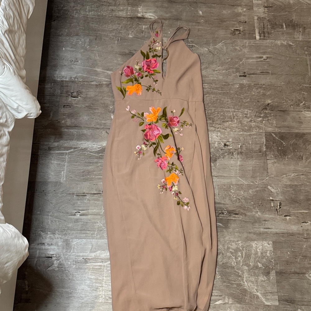 ASOS Beige One Shoulder Dress with Floral Embroidery